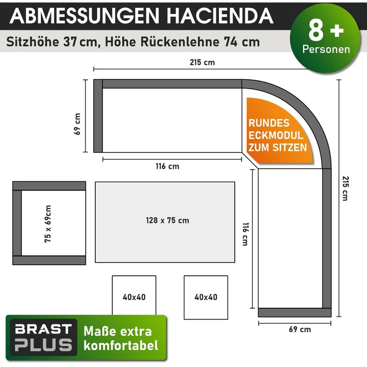 BRAST 'Hacienda' Gartenmöbel Set mit Kissen & Abdeckung, 10 Personen, Grau / Anthrazit – Bild 3