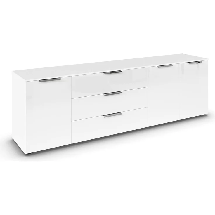 Rauch Möbel Flipp, Sideboard, TV-Schrank, Kommode mit Stauraum, Alpinweiß/Glasfront Weiß, 3-türig, Glastüren, 3 Schubkästen, Griffe Chrom, 199 x 61 x 42 cm – Bild 1