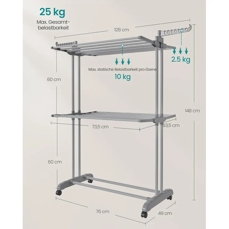 SONGMICS Wäscheständer, Standtrockner 4 Ebenen, Flügelwäscheständer, klappbare Flügel, mit Rollen, 63,5 x 128 x 148 cm, groß, einfacher Aufbau, für Innen- und Außenbereich, taubengrau – Bild 5