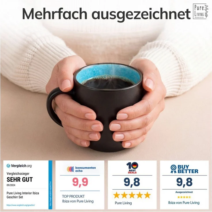 Steingut kleine Tassen 6 Pers. Ibiza Hochwertiges Mediterranes TEST SEHR GUT Tassen Set, Spülmaschinen-, Mikrowellen- und Kratzfest - Stylisches Tee- und Kaffeebecher Set - Pure Living in Aquamarin – Bild 3