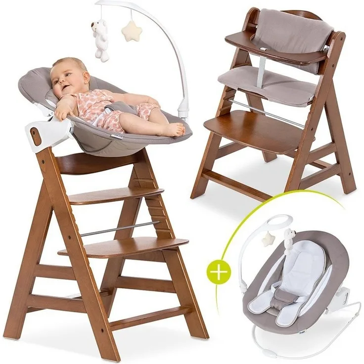 Hauck Hochstuhl Alpha Plus Walnut Newborn Set Deluxe (Set, 4 St), Holz Babystuhl ab Geburt inkl. Aufsatz für Neugeborene & Sitzauflage