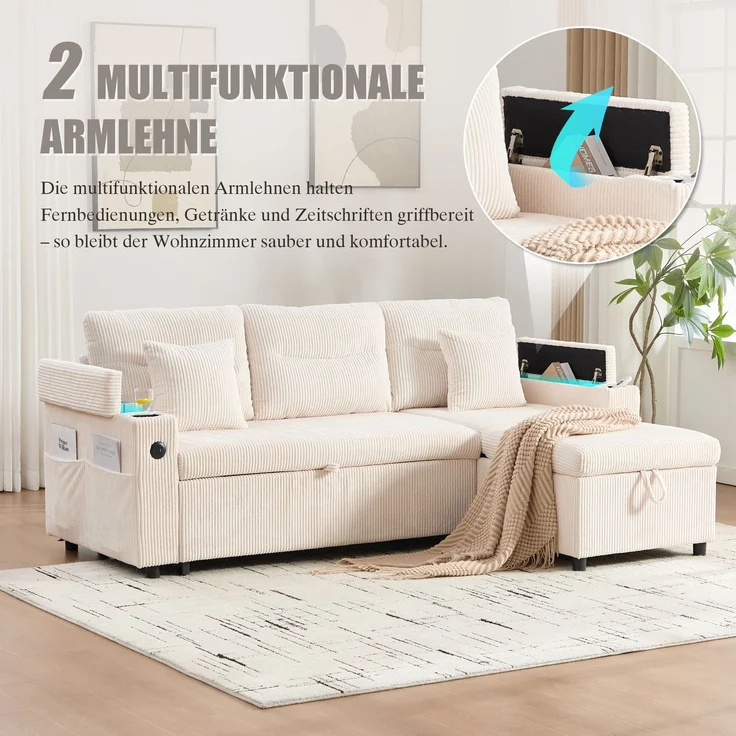 LVHOM Ecksofa mit Schlaffunktion L-Form, Schlafsofa mit Bettkasten, Loungesofa mit USB-C-Anschluss, Seitentaschen und Becherhaltern, Polstersofa aus Cord, Bettsofa ausziehbar 3 Sitzer – Bild 5
