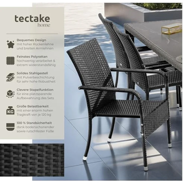 tectake Rattanstuhl Gartenstuhl Girona, stapelbar, Belastbarkeit 120 kg, 58 x 67 x 90 cm (Set, 2 St), Pulverbeschichtetes Stahlgestell für enorme Stabilität – Bild 4