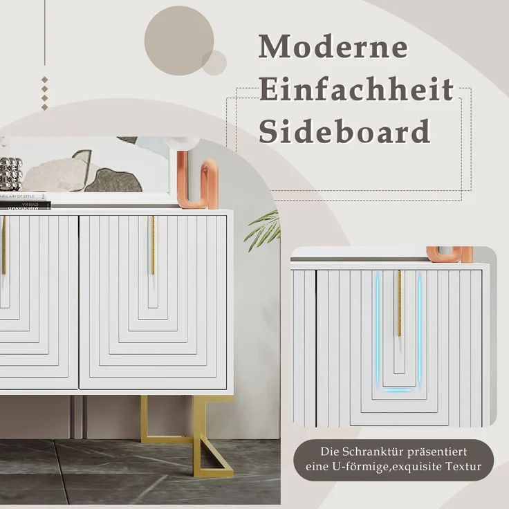 Merax Modernes 3-türiges Sideboard mit verstellbaren Regalen, U-förmigen Schranktüren und Metallgriffen und Sockel für Esszimmer und Küche (Weiß) – Bild 4