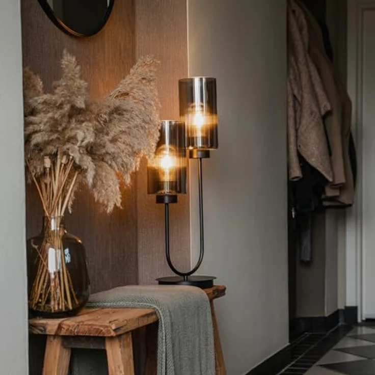 QAZQA Laura, Art-Deco-Tischlampe schwarz mit Rauchglas, 2-flammig, 64 cm, E27, dimmbar, für Wohnzimmer und Schlafzimmer – Bild 2