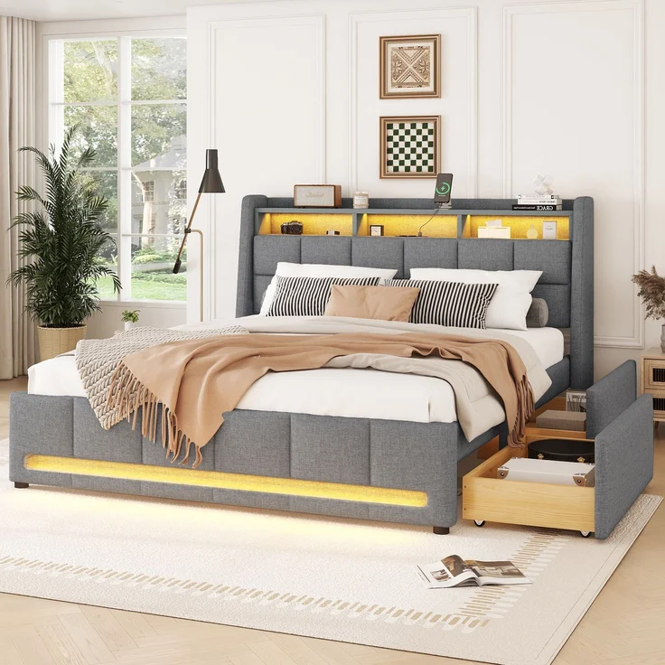 Polsterbett 140×200 cm aus Leinen-Stoff mit LED-Beleuchtung und USB-Ladebuchse, grau – Bild 3