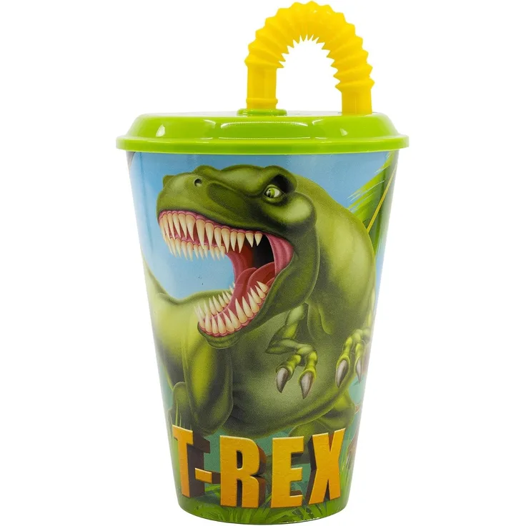 Dino Trinkbecher 430 ml mit Deckel und Strohhalm