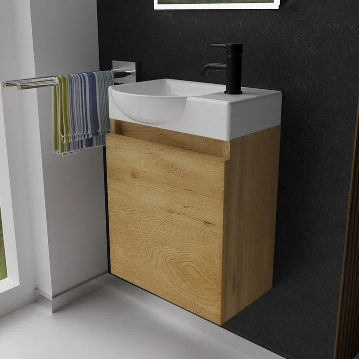 Alpenberger Badmöbel-Set Gäste WC Waschbecken mit Unterschrank - Hängeschrank Vormontiert, (Badschrank 2-tlg, Waschtisch hängend), Waschbeckenunterschrank mit Softclose – Bild 5