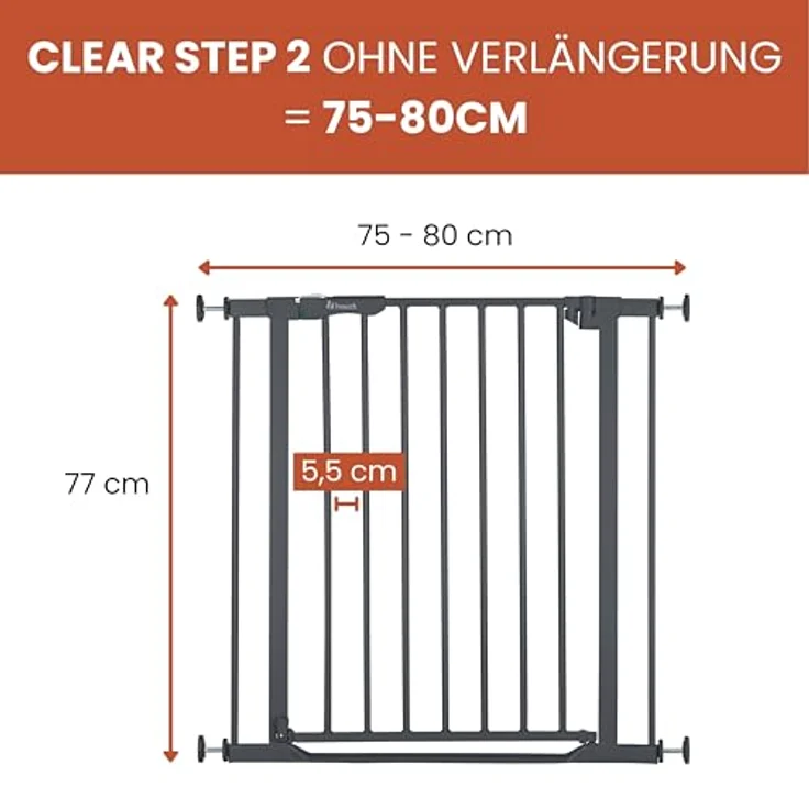 Hauck Treppenschutzgitter Türschutzgitter Clear Step Autoclose 2, für Breiten 75 - 80 cm, Ultra Flache Schwelle, Automatischer Schließmechanismus, ohne Bohren, Einhändiges Öffnen, Metall, Dunkelgrau – Bild 3