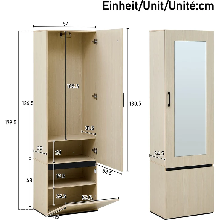 Schmaler Garderobenschrank mit Spiegel und ausziehbarer Kleiderstange – Moderner Flurschrank, platzsparender Garderobenschrank für Flur, Schlafzimmer und Wohnung.[OLD SKU: GL3812N]--Holz--54x34.5x179.5cm--YOUDENOVA – Bild 7