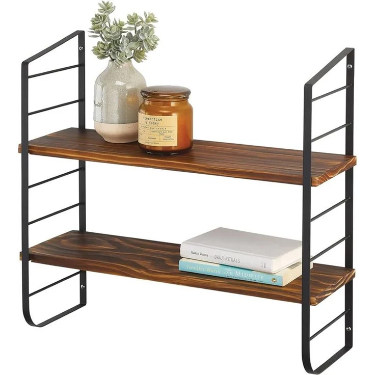 Wandregal 2 Böden Holz MDF Hängeregal Metall naturfarben/schwarz 60cm mDesign – Bild 2