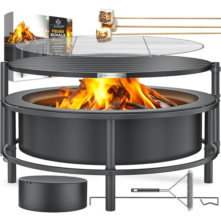 KESSER® Feuerschale mit Grillrost Ø65cm Feuerkorb 0,6mm Kaltveredelter Stahl | mobile Feuertonne mit Reifen | Holz & Kohle Feuerstelle inkl. 60cm Feuerhaken aus Gusseisen, Ø52cm, Bürste & Cover Schwarz – Bild 1