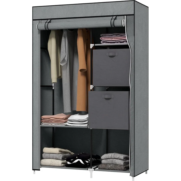 HOMCOM Stoffschrank, Faltschrank mit Schubladen, Kleiderschrank mit Kleiderstange, Reißverschluss, Garderobe für Schlafzimmer, Vliesstoff, Dunkelgrau, 102 x 42,5 x 162,5 cm – Bild 1