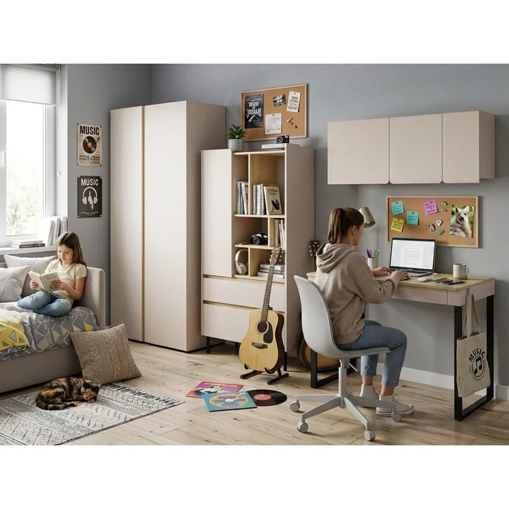 Beautysofa Jugendzimmer-Set LICO im modernen Stil, (Kinderzimmer Möbel grifflos, Set 4-teilig Kleiderschrank Bücherregal Schreibtisch Hängeregal), moderne Farben Sandbeige oder Eukalyptus – Bild 3