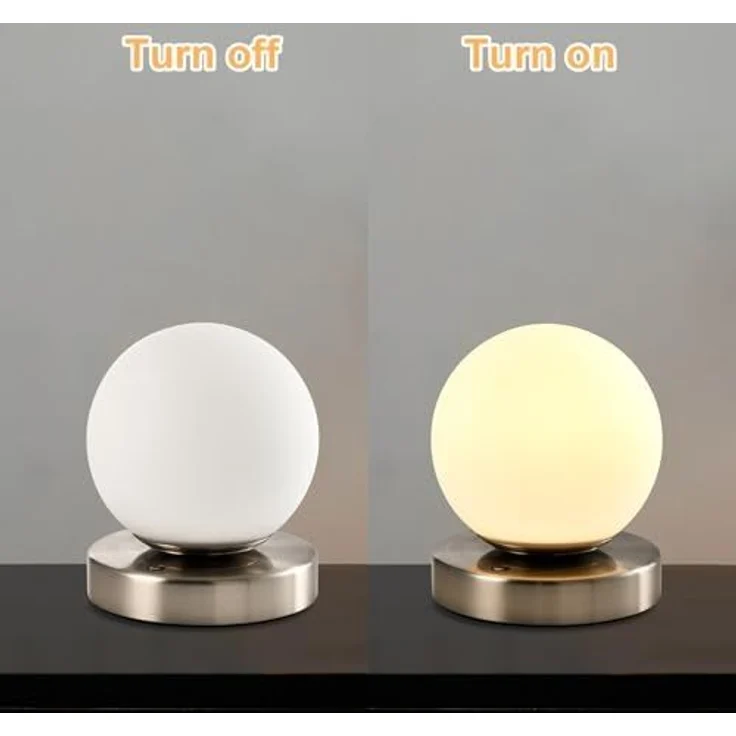 LQWELL Nachttischlampe Nachttischleuchte, Tischlampe Tischleuchte, 3 Dimmstufen USB Wiederaufladbar, LED fest integriert, Warmweiß, Touch Beistelltischlampe Leselampe Kugel Glas – Bild 3