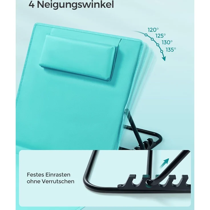 Songmics Strandstuhl, Campingstuhl, Sonnenliege, Strandliege, klappbar, verstellbare Rückenlehne, leicht tragbar mit Griff, für Camping, Garten, Pool, 158x55 cm, seeblau GCB151C01 – Bild 6