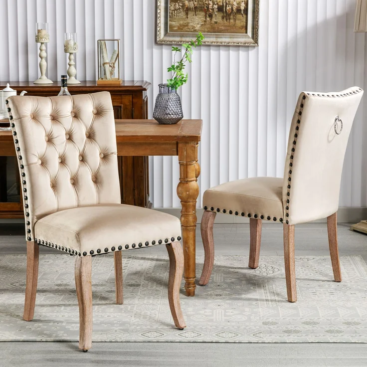 2er Set Esszimmerstuhl Samt gepolstert Massivholz mit Kupfernägeln, modernes Design, komfortabler Sessel,Helles Kamel – Bild 4