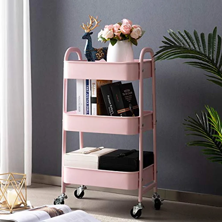 DOEWORKS Rollwagen Metall Servierwagen mit Rollen 3 Etagen Küchenwagen Bastelwagen Rollwagen Küche Aufbewahrungswagen für Wohnzimmer Schlafzimmer Badezimmer Büro, Rosa – Bild 5