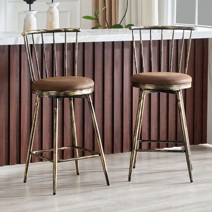 Moderner Metall-Barhocker im Windsor-Stil mit gepolstertem Sitz für Kücheninseln, Bars, Restaurants; Barhocker im Industrial-Stil in Barhöhe; Vintage- und Minimalismus-Stil--Braun--96x39x39cm--YOUDENOVA – Bild 2