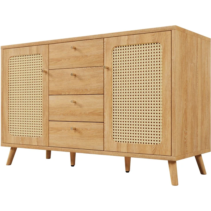 DESVIAE Sideboard mit 4 Schubladen und 2 Türen 140x86x40 cm aus Spanplatte und MDF, helle Eiche – Bild 8