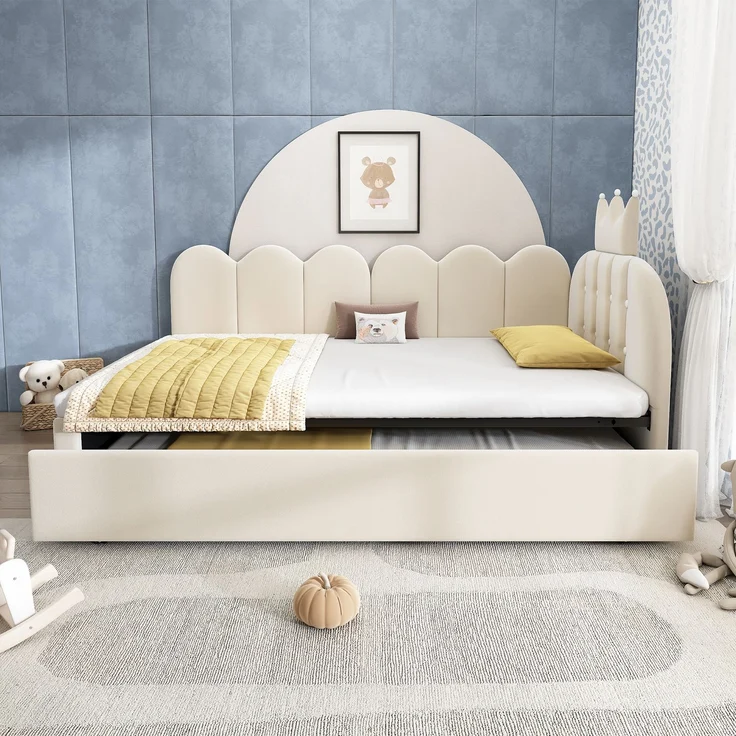 Merax Einzelbett 90x200 cm, Kinderbett, Polsterbett mit 90x190 cm Ausziehbett, Niedliches Kronen- und Gitterdesign, Samt, Beige – Bild 7