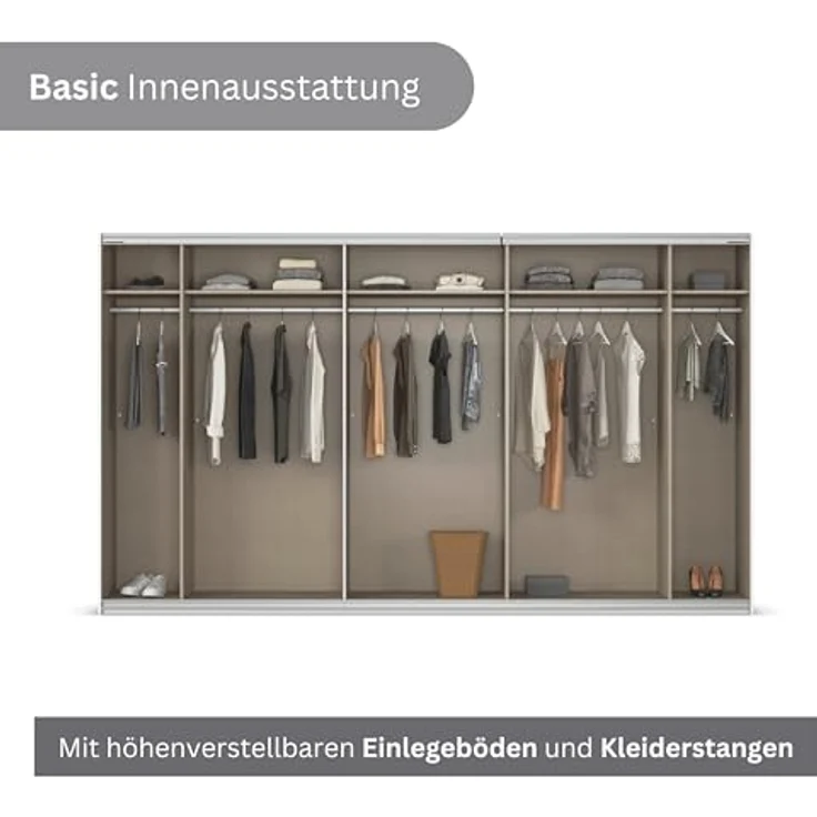 Rauch Möbel Kulmbach, Kleiderschrank mit Schwebetüren für Schlafzimmer, Kinderzimmer, Jugendzimmer, Garderobe, Flur, 3-türig, mit Spiegel, Zubehör Basic, Farbe Grau metallic, Schwarz, Breite 360 cm – Bild 7