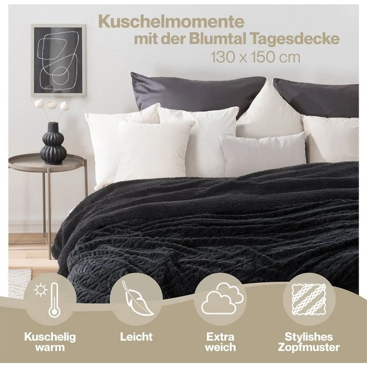 Blumtal Wohndecke, Oeko-TEX zertifiziert, waschbar, weiche Sherpa-Innenseite, Schwarz, 230x270 cm – Bild 2