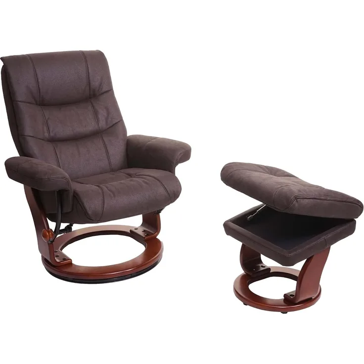 MCA Relaxsessel HWC-J42, Fernsehsessel TV-Sessel Hocker, Stoff ~ schwarz-braun Wildleder-Imitat, Gestell Walnuss-Optik