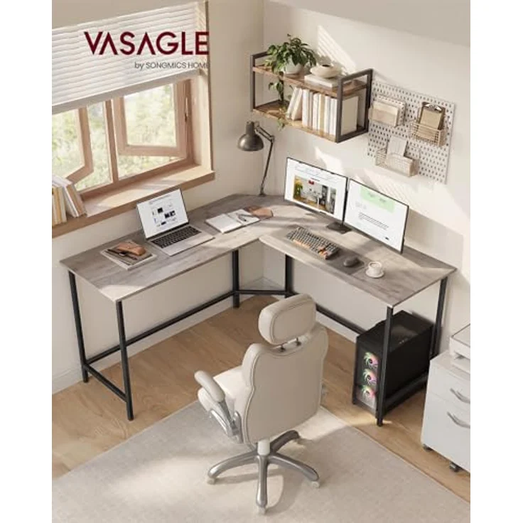 VASAGLE Schreibtisch, L-förmiger Computertisch, 140 x 140 x 76 cm, Eckschreibtisch, platzsparender Bürotisch, Gaming, Homeoffice, einfacher Aufbau, Greige meliert-tintenschwarz LWD073B02V1 – Bild 4
