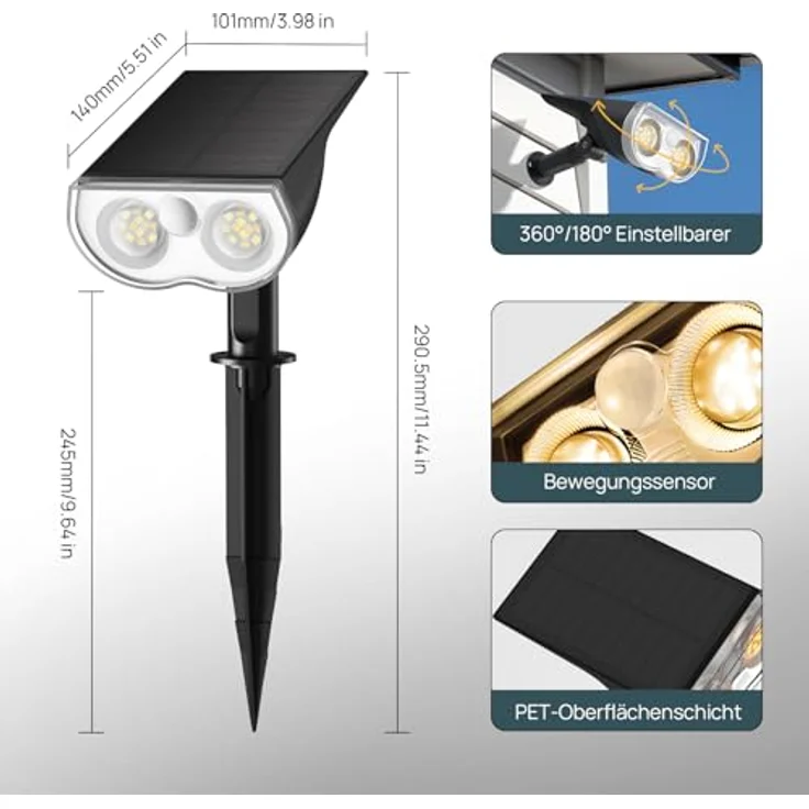 Linkind StarRay Solar Gartenleuchte mit Bewegungsmelder, 6500K Tageslichtweiss Solarlampen für außen, IP67 Außen-Wandleuchte mit Dauerlicht, 1000lm Hell Solarstrahler für Garten, Garage, 2 Stk. – Bild 7