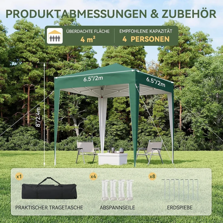 Aoxun Pop Up Pavillon 2x2m Wasserdicht, Metallrahmen-Schutzzelt, Höhe Verstellbar, Faltpavillon 2x2 mit Tragetasche für Camping Party, Grün – Bild 2