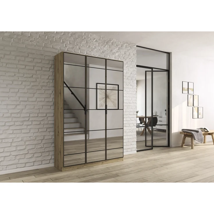 rauch Acero, Garderobenschrank in moderner Loft-Optik, 3-türig, 3 Glastüren, mit 8 Einlegeböden, Farbe Eiche Artisan, BxHxT 136x210x41cm – Bild 1