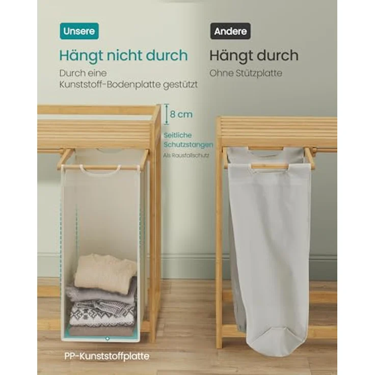 SONGMICS Wäschekorb 4 Fächer, Bambus, Wäschesammler 200 L, Wäschesortierer, mit Ablage, Wäschesack, kleine seitliche Taschen, Wäscheregal, 4 x 50 L, 124,6 x 33 x 78 cm, cremeweiß RLHDE120W01 – Bild 6