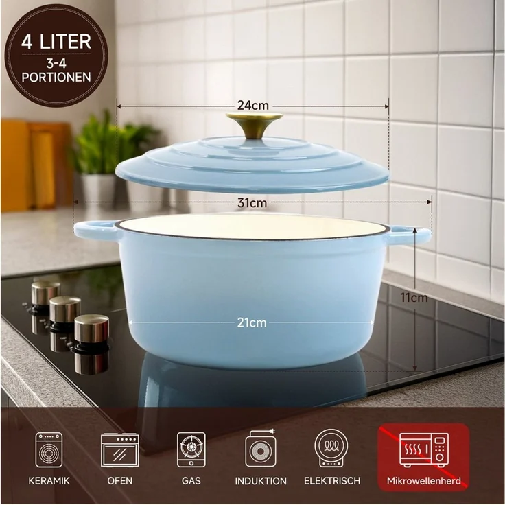 Zedelmaier Bräter Gusseisen Topf 22/24/26/28cm Incl. Silikon Topflappen Topfuntersetzer, (Set, 1 Pot mit 1 lid, 2 Ofenhandschuhe, 1 Topfuntersetzer), Backofengeeignet Induktionsgeeignet Zum Braten, Schmoren, Kochen – Bild 2
