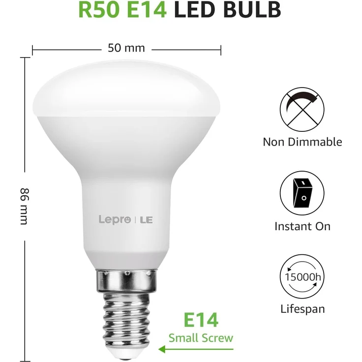 Lepro E14 LED Lampe, 4.9W 470 Lumen Glühbirne, entspricht 40W Glühlampe, 2700 Kelvin Warmweiß e14 led strahler, Reflektorlampe R50 120° Abstrahlwinkel Energiesparlampe, 5 Stück – Bild 4