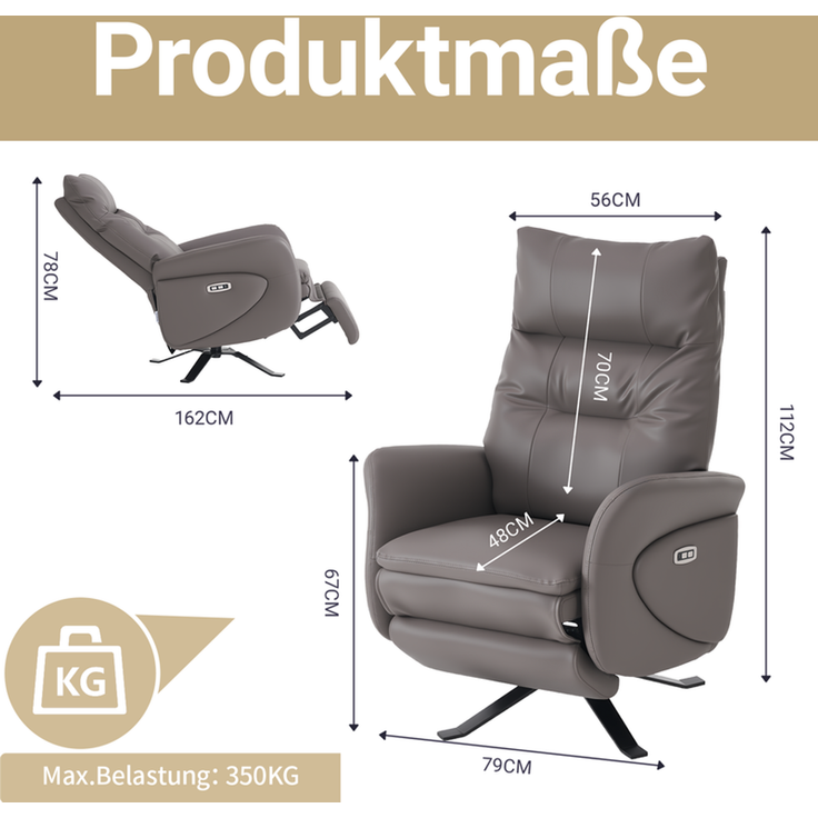 HOME NATURE WOHNKONZEPT Elektrischer Relaxsessel mit USB-Anschluss, elektrisch verstellbarer TV-Sessel mit Liegefunktion, Kunstleder Braun, bis 350 kg, FT9207-A – Bild 2
