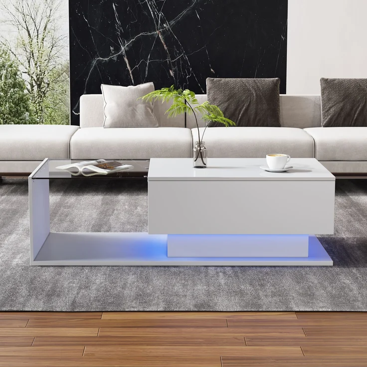 Couchtisch, App-gesteuertes LED-Licht, Glasplatte & Schublade, 100x50x32 cm, Weiß – Bild 2