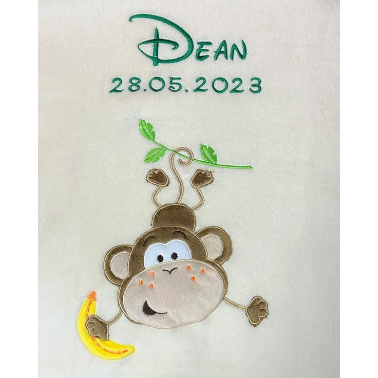 KIDDI-MEDIA Babydecke mit Name und Geburtsdatum Bestickt/kuschelig weich / 1A Qualität (Beige - AFFE)