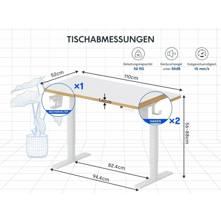 FLEXISPOT Schreibtisch Kinderschreibtisch Höhenverstellbar (16mm Abgerundete Tischecken, LED-Display & 3 Speichertaste), MIT 2xHaken& 1xBecherhalter, Kindersicherung – Bild 2