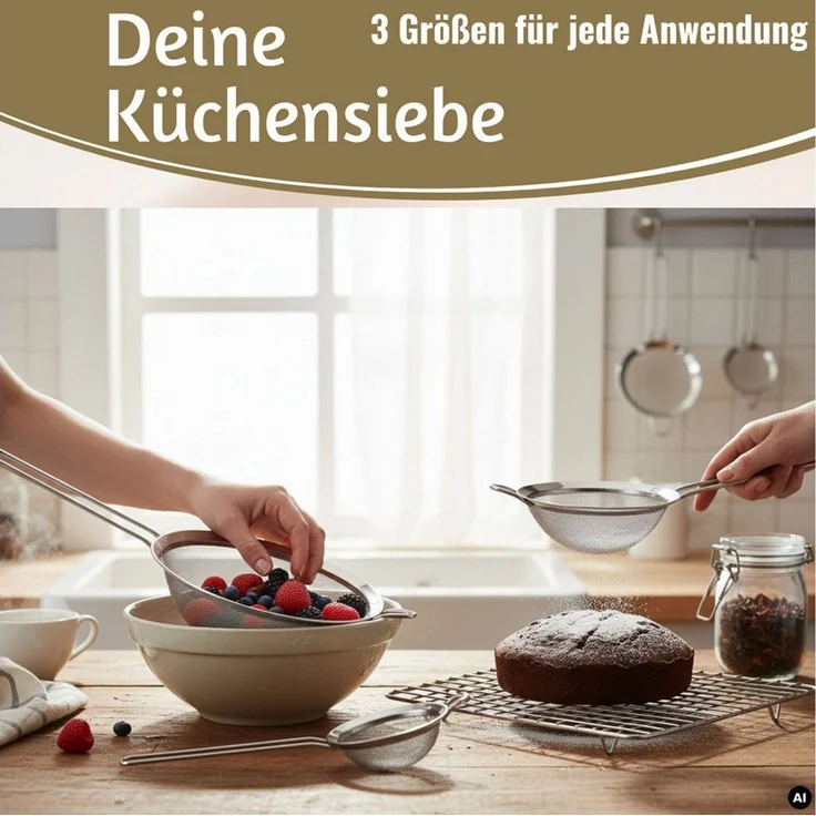 LS-LebenStil Küchensieb Edelstahl Siebe 3´er Set 8cm 14cm 20cm mit Aufhängeösen, Edelstahl, (Abtropfsieb Passiersieb Mehlsieb Teesieb mit Aufhängeöse, 3-St, Küchensieb Set mit 8 cm 14 cm 20 cm Siebdurchmesser), Nudelsieb Feines Haarsieb Mehlsieb für Kü... – Bild 4
