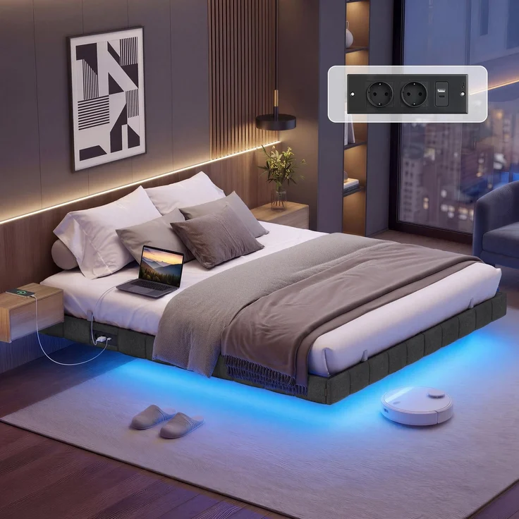 VASAGLE Bettgestell 180 x 200 cm, schwebender Effekt, LED-Beleuchtung, gepolsterte Seitenwände, 2 AC-Steckdosen, 2 USB-A-Anschlüsse, 1 USB-C-Anschluss, bis 500 kg belastbar, schiefergrau RMB168G101