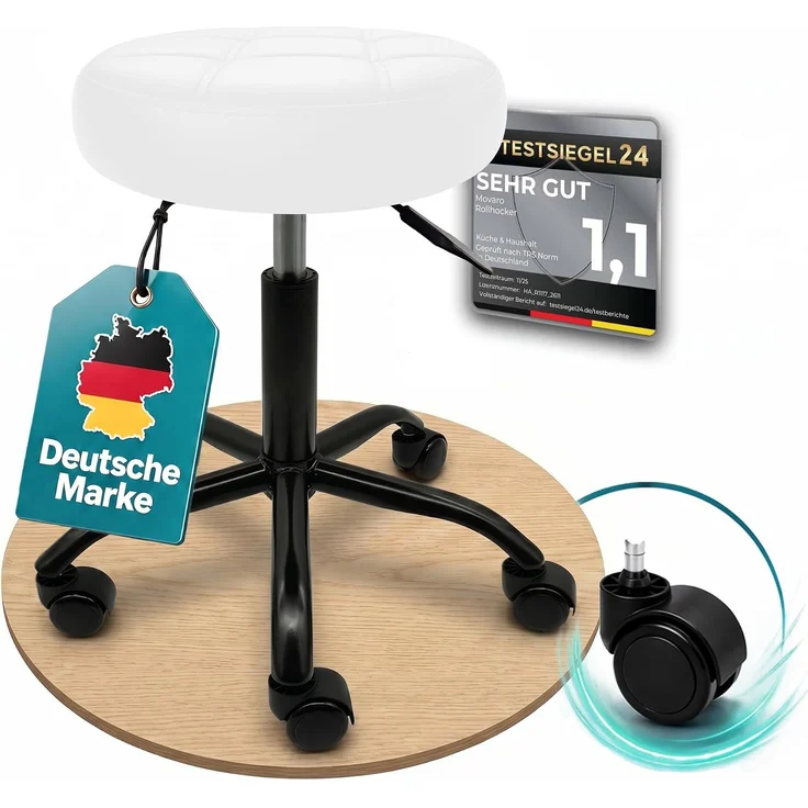 Movaro Rollhocker mit Metall-Basis und leisen Softrollen [Neues Modell] - höhenverstellbar, 360° drehbar, kratzfrei und stabil - ergonomischer Hocker mit Rollen | Arbeitshocker | Bürohocker 44x44x50-63 cm [Weiß] – Bild 1