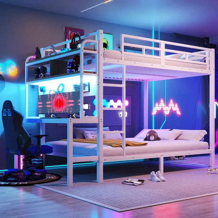 Etagenbett, 140x200 cm, Eisenrahmen, Ablagefach, Schreibtisch, mit LED-Lichtleiste, USB-Anschluss, Sicherheitsgeländer, Leiter, ohne Matratze, Weiß – Bild 3