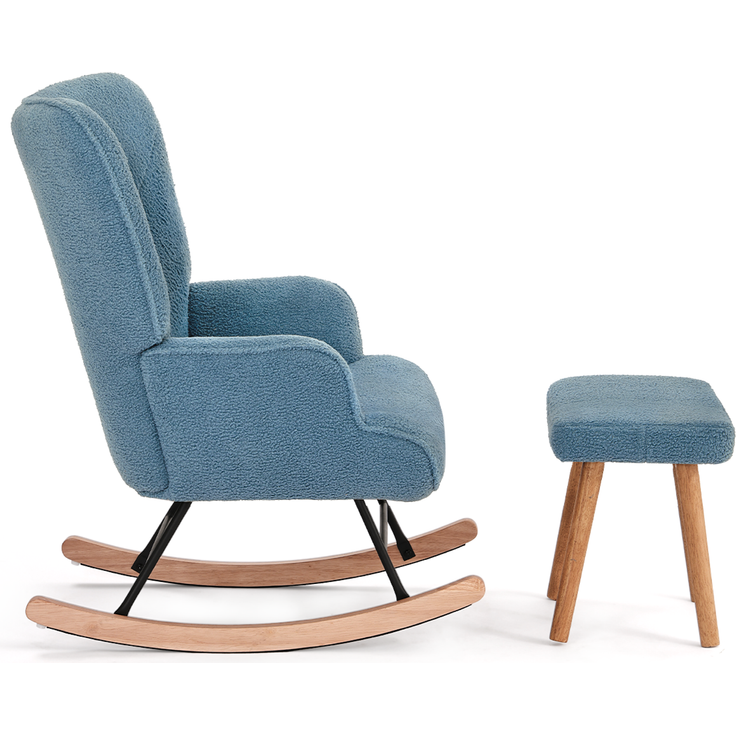 GOEURVANT 5006 Schaukelstuhl mit Hocker (Relaxsessel, Ohrensessel), Teddy-Stoff - Taubenblau – Bild 3