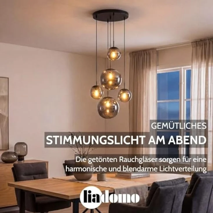 Liadomo Pendelleuchte Vetro, Leuchtmittel inklusive, Warmweiß, 5-flammig, Cluster, Rauchglasschirme, E27, für hohe Decken geeignet – Bild 5