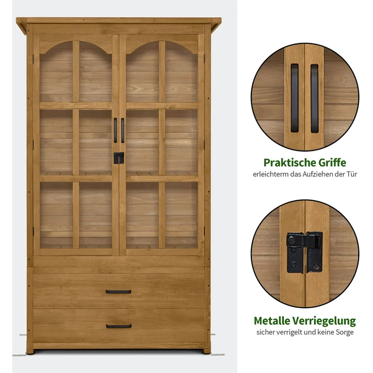 M MCombo Gartenschrank Gartenhaus Holz Wetterfest, Geräteschrank Gerätehaus Outdoor, für Außenbereich Balkon Terrasse, Gartenhütte mit 2 Bewegliche Regale, 58×107×180 cm, 1155 (Natur) – Bild 6