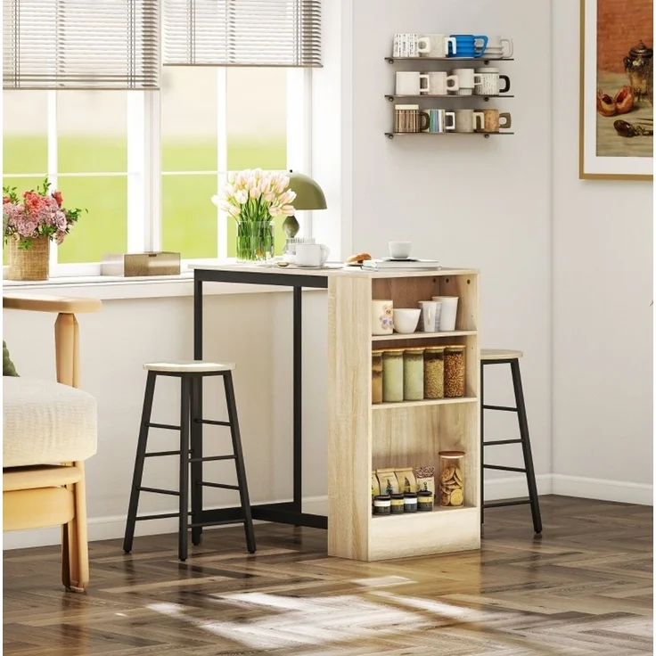 Bartisch-Set H 91 x T 49 x B 91 cm mit Stauraum, Stahl und Spanplatte in Eichenoptik, mit 2 Hockern – Bild 4