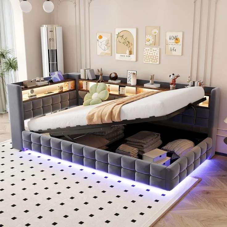 Odikalo Schlafsofa 90x200 140x200 Schlafcouch mit Bettkasten USB LED, mit Hydraulischem Stauraum, Holzregal, LED-Lichtleiste, Steckdose, USB- und Typ-C-Ladeanschlüssen, Lattenrost-Unterstützung, Samtstoff