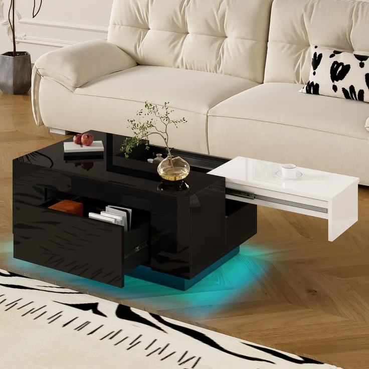 Merax Hochglanz-Couchtisch mit LED-Beleuchtung, ausziehbarer Tischplatte, verstecktem Stauraum und 16-farbig einstellbarem Lichtband, schwarz – Bild 1