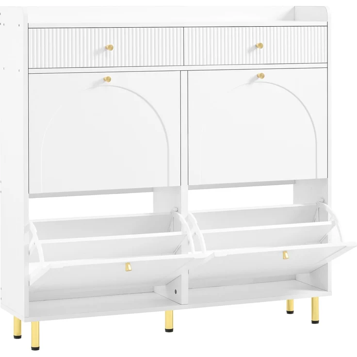 ZUBALIYA Schuhschrank (106,5 x 25 x 105,5 cm), 4 Klappfächer und 2 Schubladen, Verstellbare Einlegeböden, Aus MDF und Spanplatte, Weiß – Bild 9